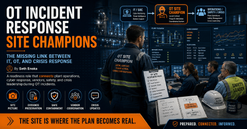 OT incident response site champion coordinating cyber, operations, vendor, and crisis response decisions