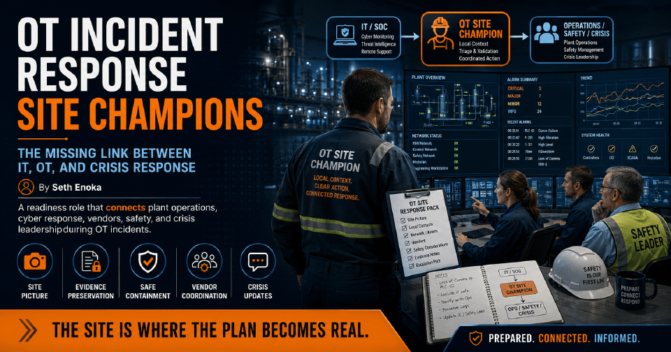 OT incident response site champion coordinating cyber, operations, vendor, and crisis response decisions